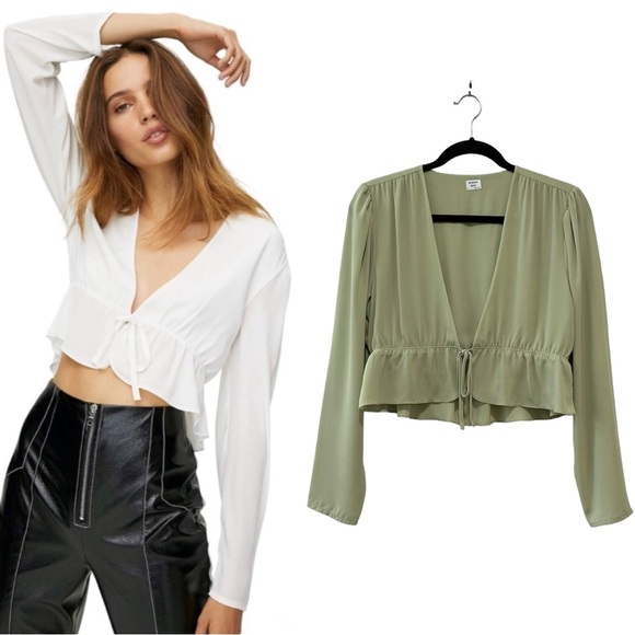 Aritzia Tops - Aritzia Sunday Best Kimberly Cropped Tie-Front Peplum Blouse Green Sz M